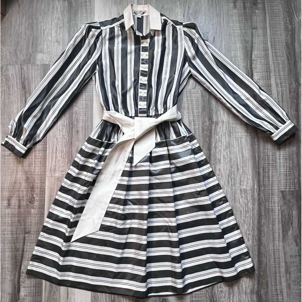 Vintage Adolph Schuman for Lilli Ann Gray Stripe Shirtwaist Fit Flare Dress XS S